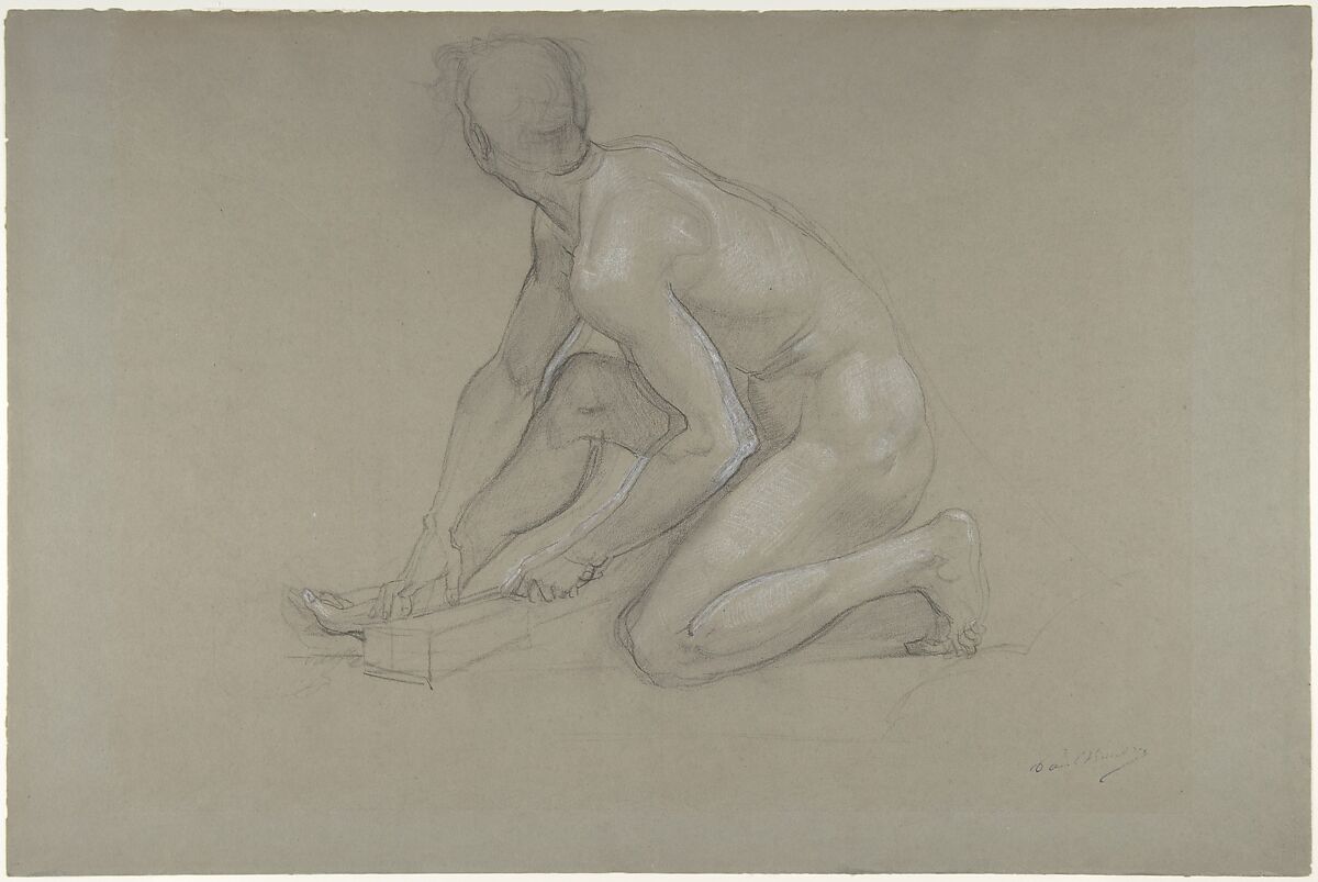 Crouching Nude Male Figure, Paul Baudry (French, La Roche-sur-Yon 1828–1886 Paris), Black chalk, heightened with white, on gray paper 