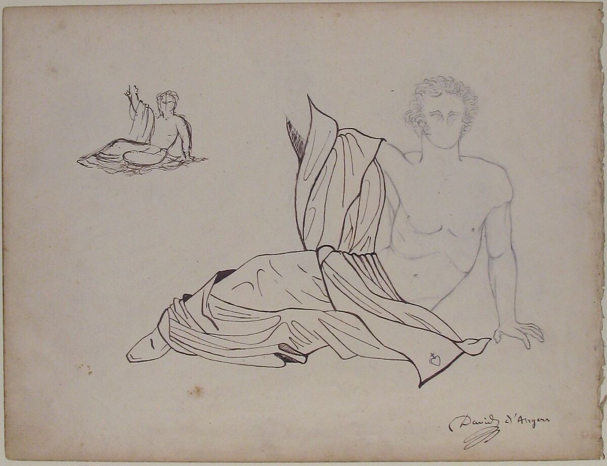 General Bonchamp Shown in a Pose Designed for His Tomb (recto); Three Figures after Poussin (verso), Pierre Jean David d'Angers (French, Angers 1788–1856 Paris), Graphite, pen and brown ink (recto); graphite (verso)