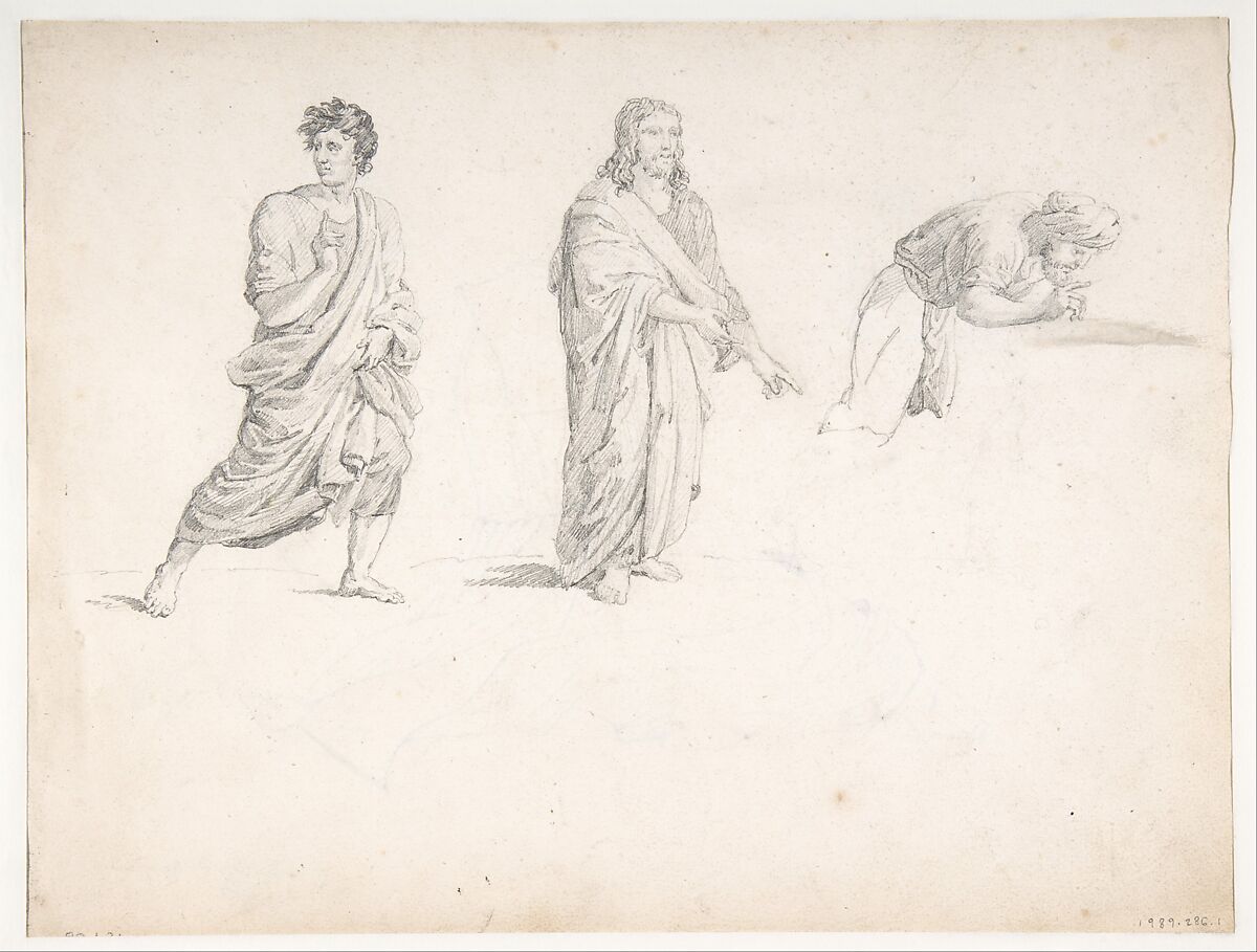 General Bonchamp Shown in a Pose Designed for His Tomb (recto); Three Figures after Poussin (verso), Pierre Jean David d'Angers (French, Angers 1788–1856 Paris), Graphite, pen and brown ink (recto); graphite (verso)