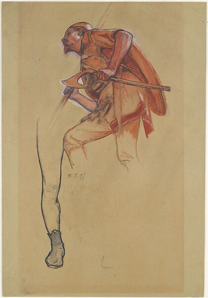 Warrior with an Axe and Study of a Leg, Fernand Cormon (French, Paris 1854–1924 Paris), Graphite, red and white oil paint, pen and brown ink