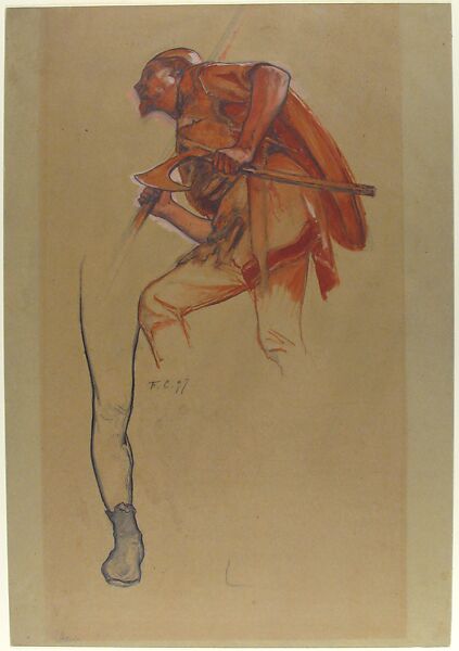 Warrior with an Axe and Study of a Leg, Fernand Cormon (French, Paris 1854–1924 Paris), Graphite, red and white oil paint, pen and brown ink