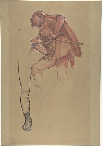 Warrior with an Axe and Study of a Leg, Fernand Cormon (French, Paris 1854–1924 Paris), Graphite, red and white oil paint, pen and brown ink 