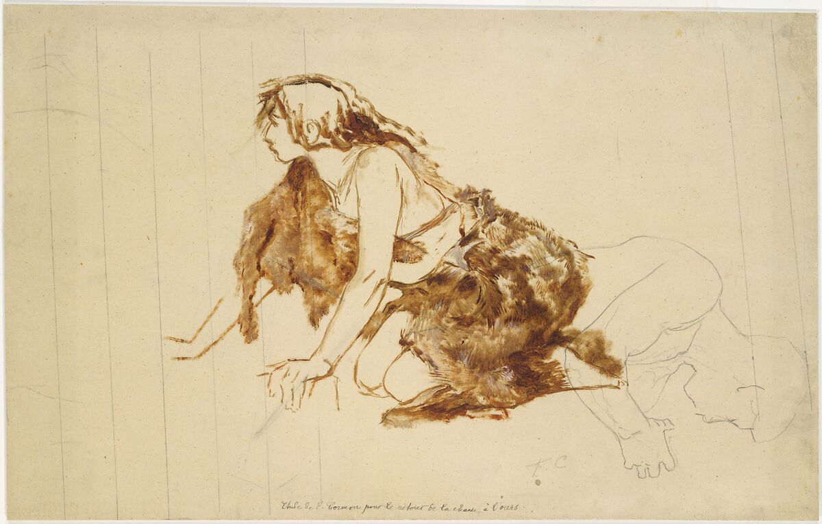 Crouching Woman, Fernand Cormon (French, Paris 1854–1924 Paris), Graphite and oil paint