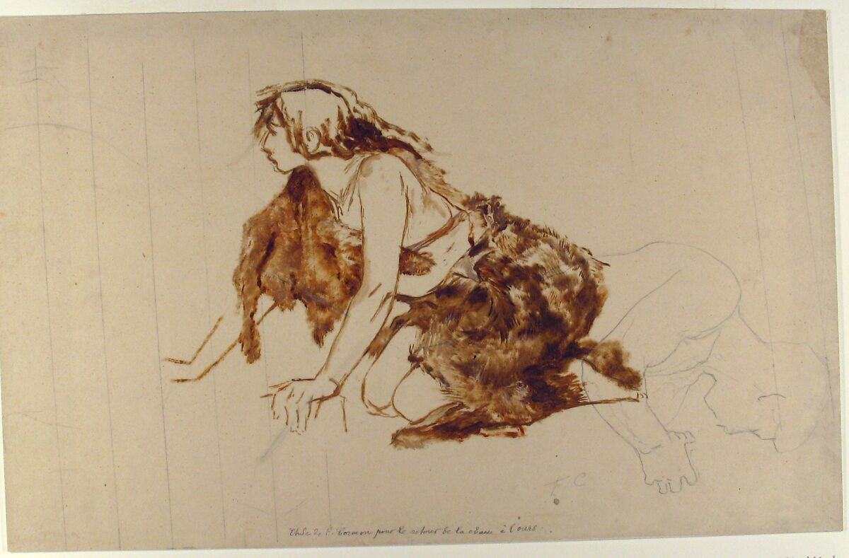 Crouching Woman, Fernand Cormon (French, Paris 1854–1924 Paris), Graphite and oil paint