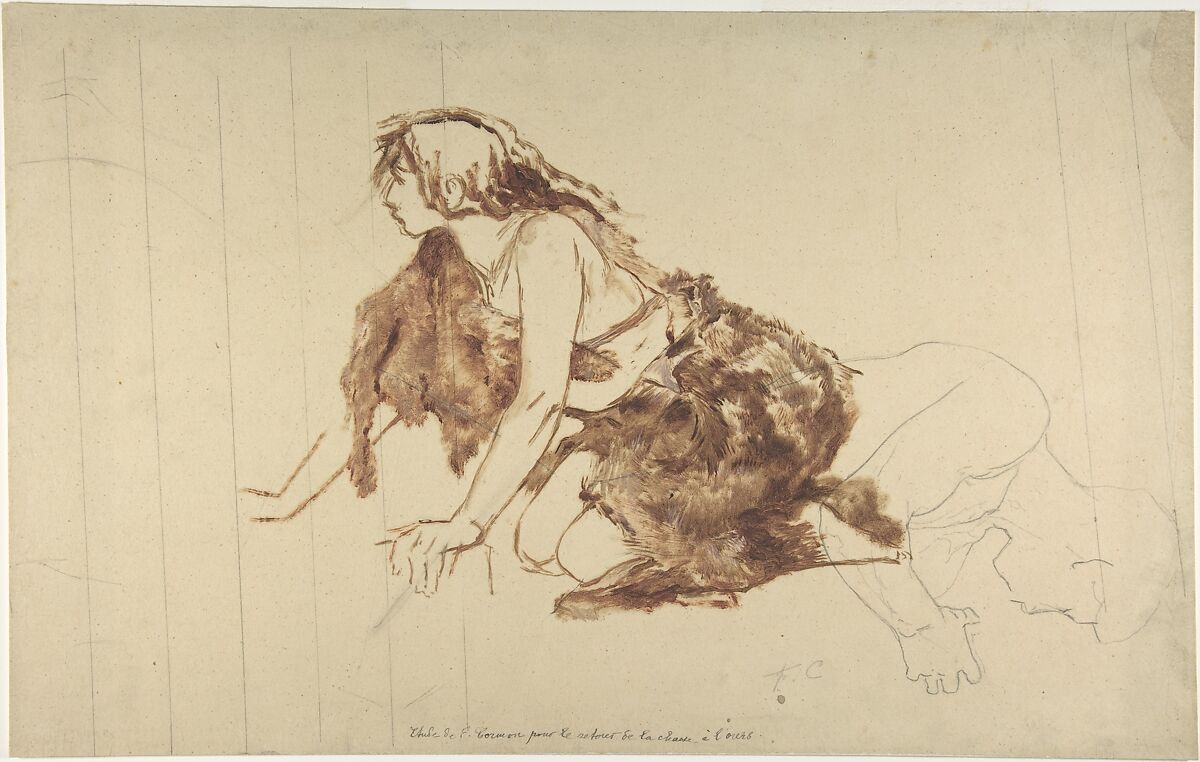 Crouching Woman, Fernand Cormon (French, Paris 1854–1924 Paris), Graphite and oil paint 