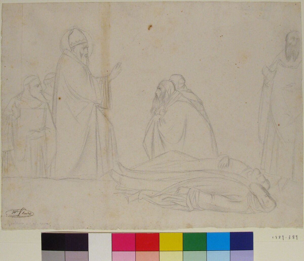 Miracle of St. Sylvester; the Raising of Two Pagan Priests, after Maso di Banco, S. Croce, Florence, Hippolyte Flandrin (French, Lyons 1809–1864 Rome), Graphite