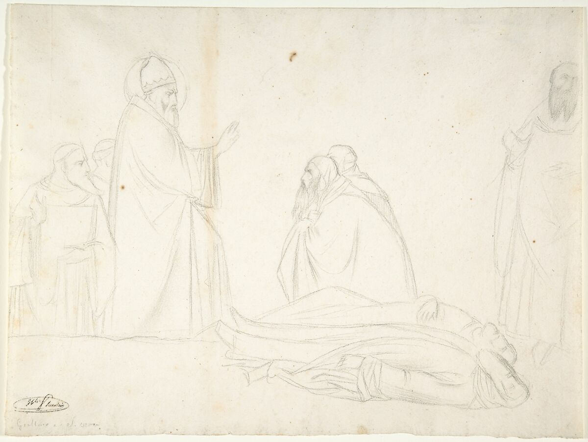 Miracle of St. Sylvester; the Raising of Two Pagan Priests, after Maso di Banco, S. Croce, Florence, Hippolyte Flandrin (French, Lyons 1809–1864 Rome), Graphite 