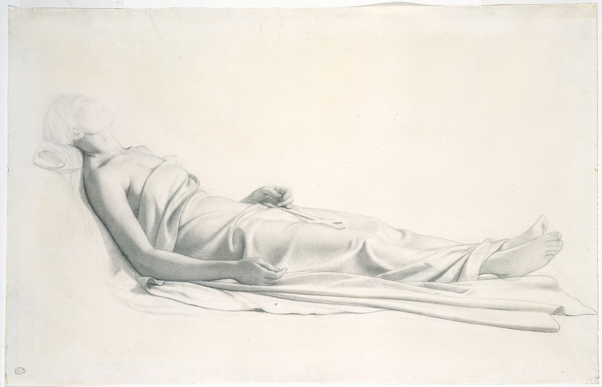 Drapery Study for the Figure of the Dying Mary Magdalen, Paul (Hippolyte) Delaroche (French, Paris 1797–1856 Paris), Black chalk, stumped, with touches of brownish red chalk 