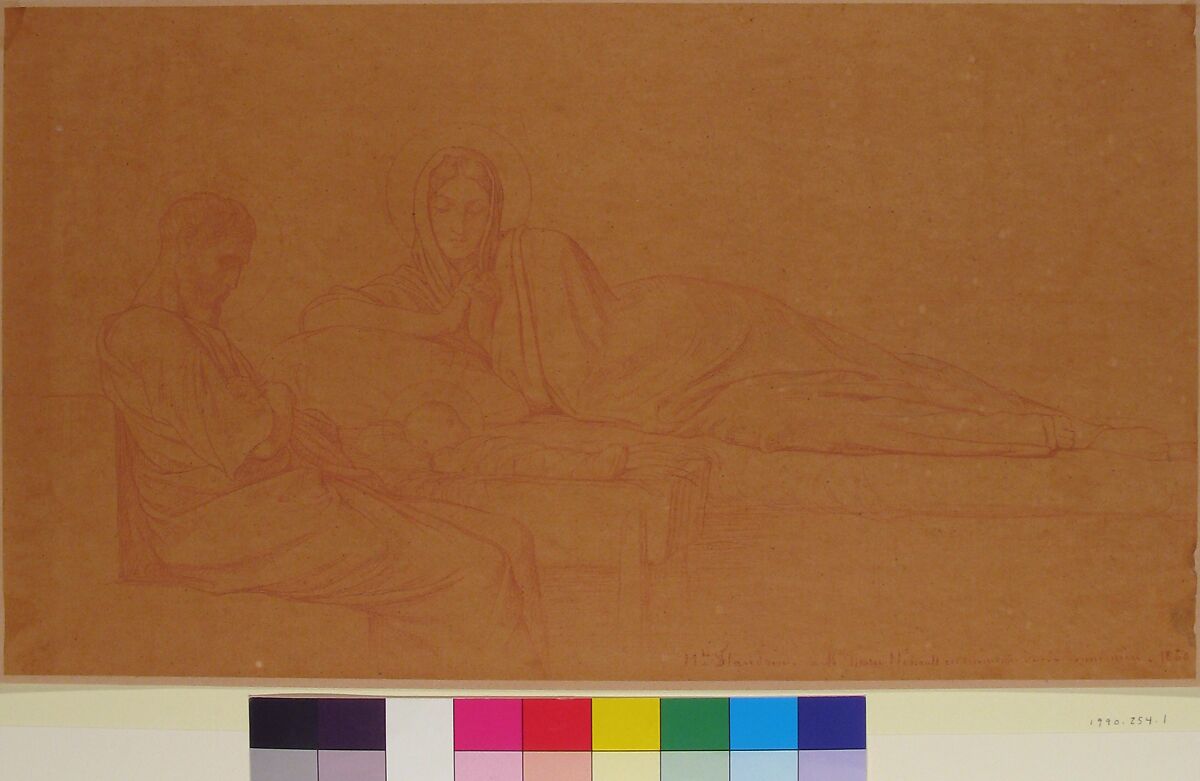 The Nativity, Hippolyte Flandrin (French, Lyons 1809–1864 Rome), Red chalk on tracing paper; lined