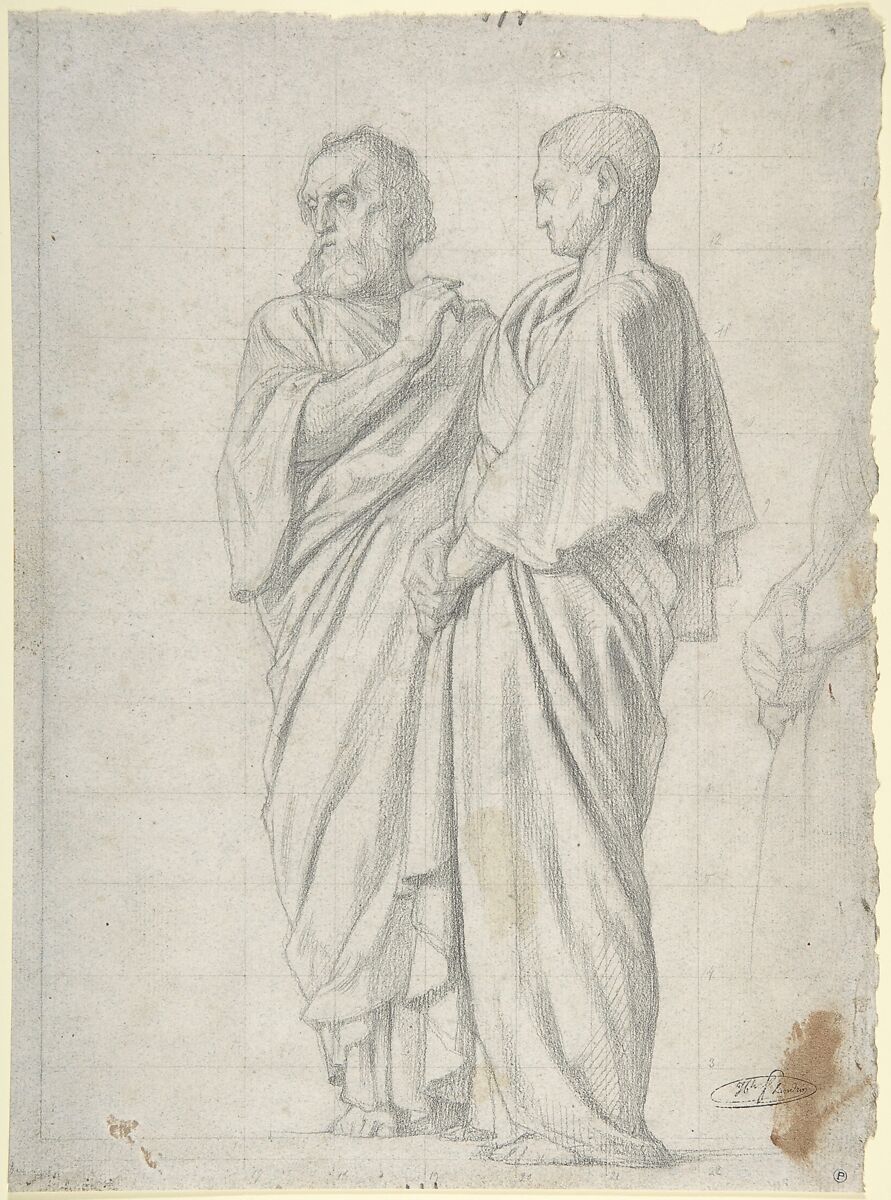 Group of Apostles, Hippolyte Flandrin (French, Lyons 1809–1864 Rome), Graphite, squared, on light gray paper 