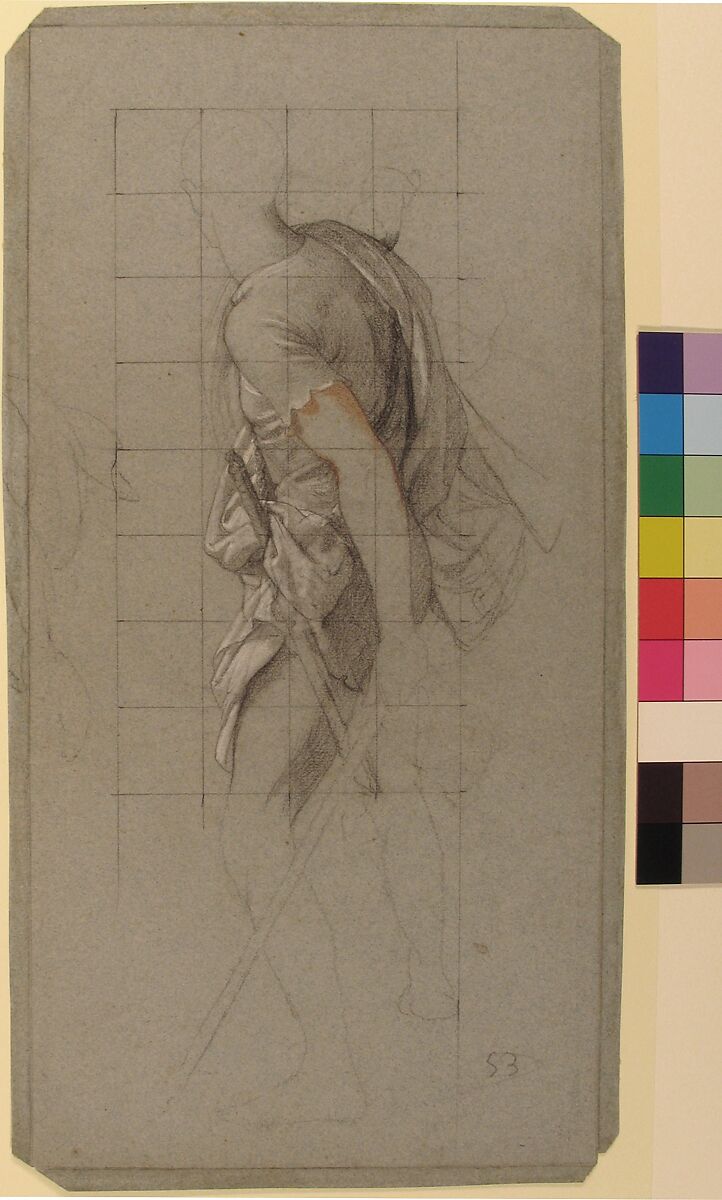 Standing Soldier: Study for the Chapel of Saints Peter and Paul in the Church of  Saint-Séverin, Paris, Victor-François-Eloi Biennourry (French, Bar-sur-Aube 1823–1893 Paris), Conté crayon, red chalk, heightened with white, on blue paper; squared in conté crayon