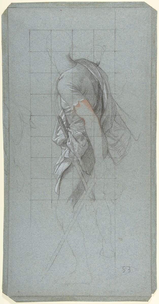 Standing Soldier: Study for the Chapel of Saints Peter and Paul in the Church of  Saint-Séverin, Paris, Victor-François-Eloi Biennourry (French, Bar-sur-Aube 1823–1893 Paris), Conté crayon, red chalk, heightened with white, on blue paper; squared in conté crayon 