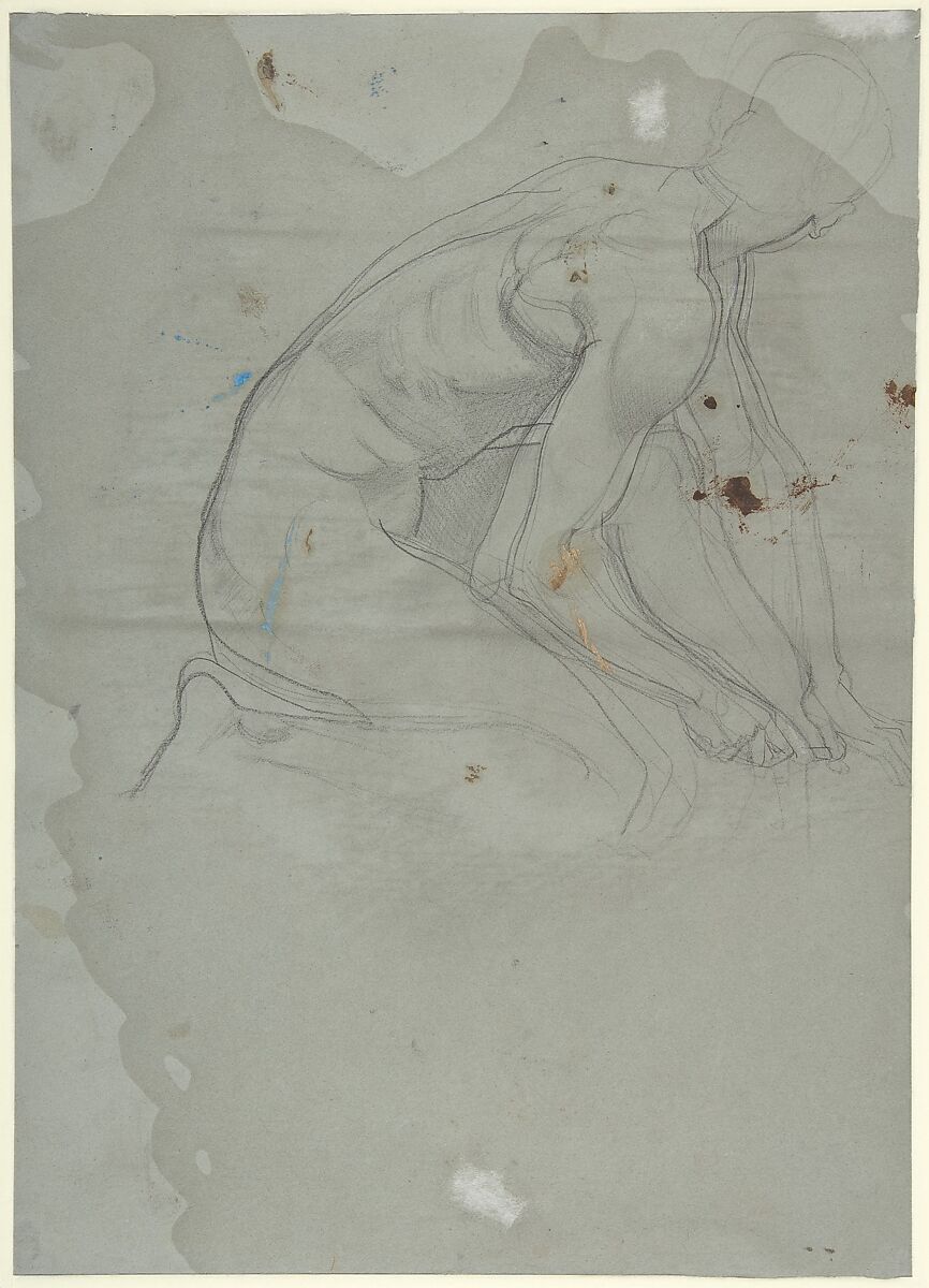 Seated Male Nude (recto); Crouching Male Nude (verso), Paul Baudry (French, La Roche-sur-Yon 1828–1886 Paris), Black chalk, heightened with white on gray paper (recto); black chalk (verso)