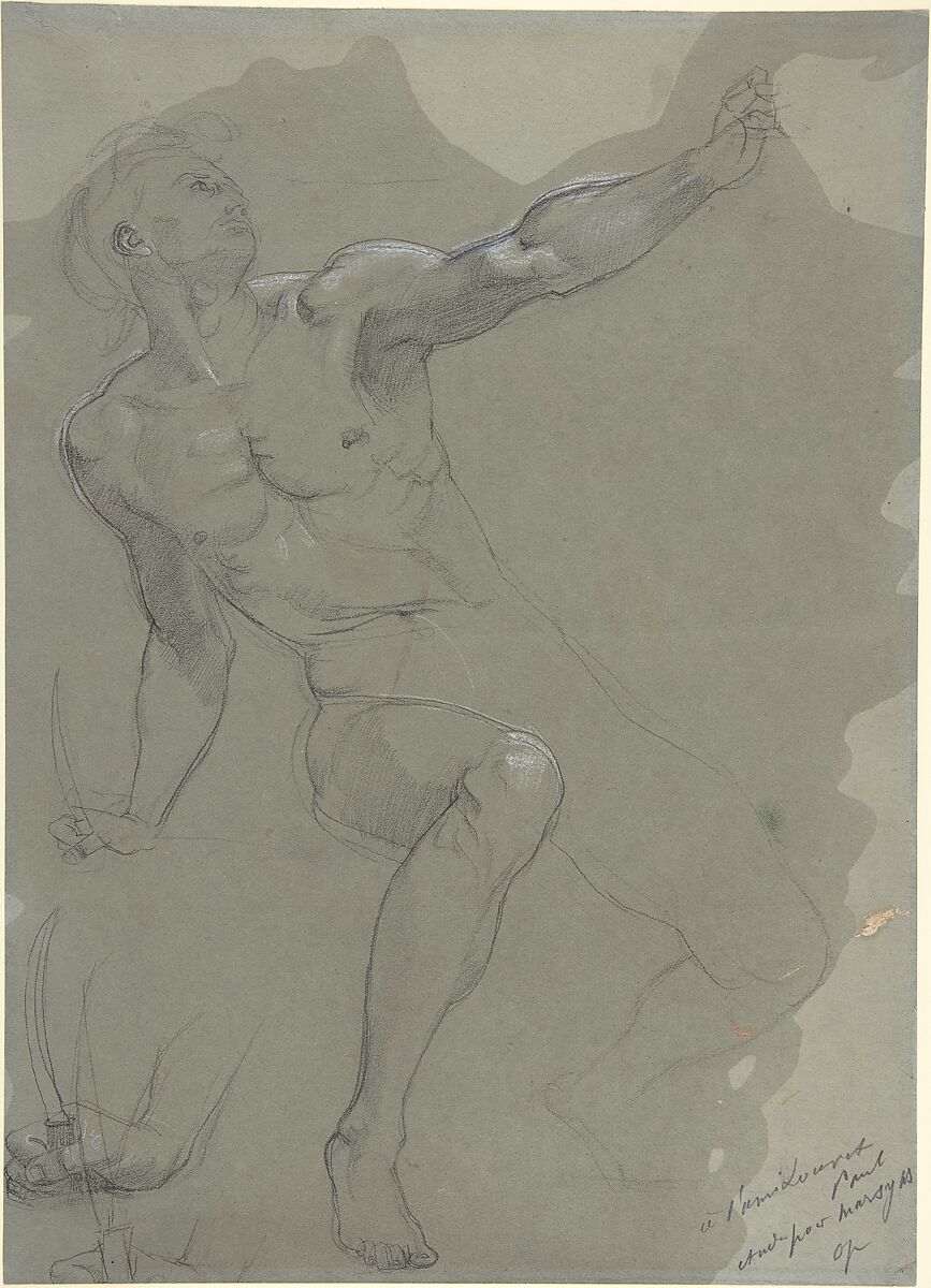 Seated Male Nude (recto); Crouching Male Nude (verso), Paul Baudry (French, La Roche-sur-Yon 1828–1886 Paris), Black chalk, heightened with white on gray paper (recto); black chalk (verso) 