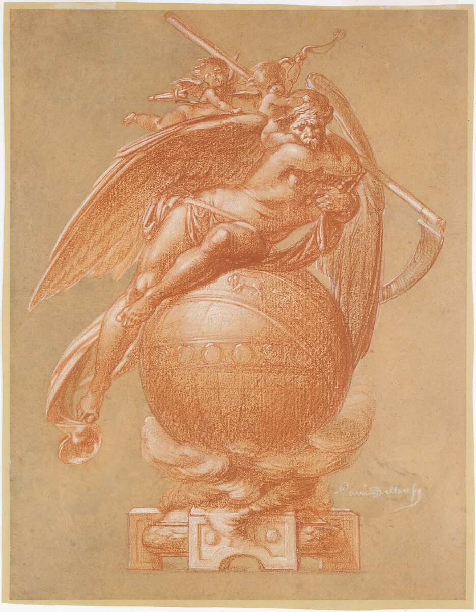 Father Time on a Globe; Design for a Clock, Albert-Ernest Carrier-Belleuse (French, Anizy-le-Château 1824–1887 Sèvres), Red chalk, heightened with white chalk, touches of black chalk 