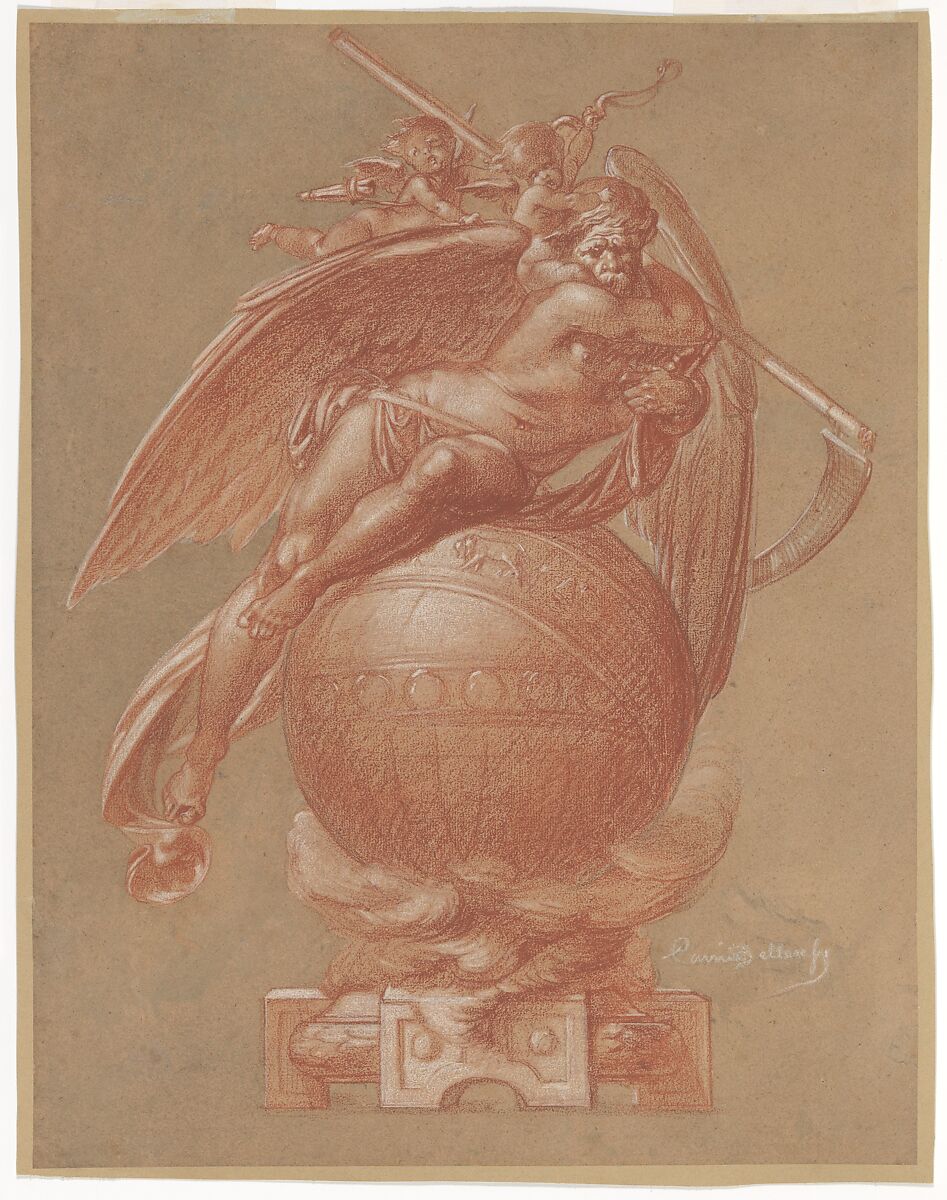 Father Time on a Globe; Design for a Clock, Albert-Ernest Carrier-Belleuse (French, Anizy-le-Château 1824–1887 Sèvres), Red chalk, heightened with white chalk, touches of black chalk