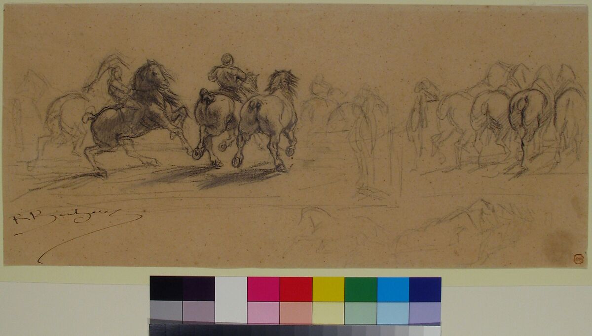 Sheet of Studies for "The Horse Fair", Rosa Bonheur (French, Bordeaux 1822–1899 Thomery), Black chalk and graphite