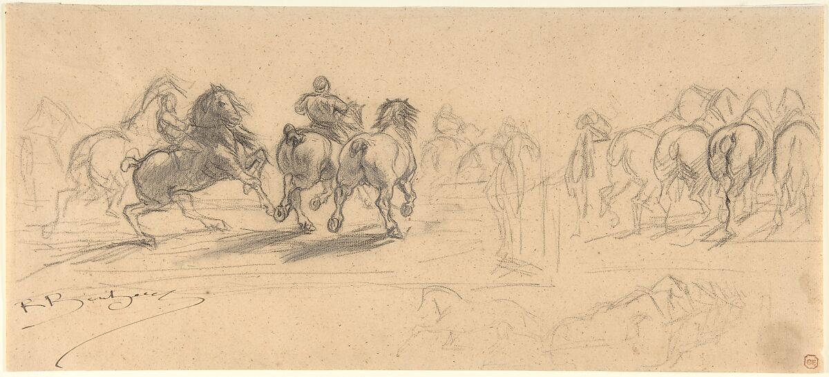 Sheet of Studies for "The Horse Fair", Rosa Bonheur (French, Bordeaux 1822–1899 Thomery), Black chalk and graphite 