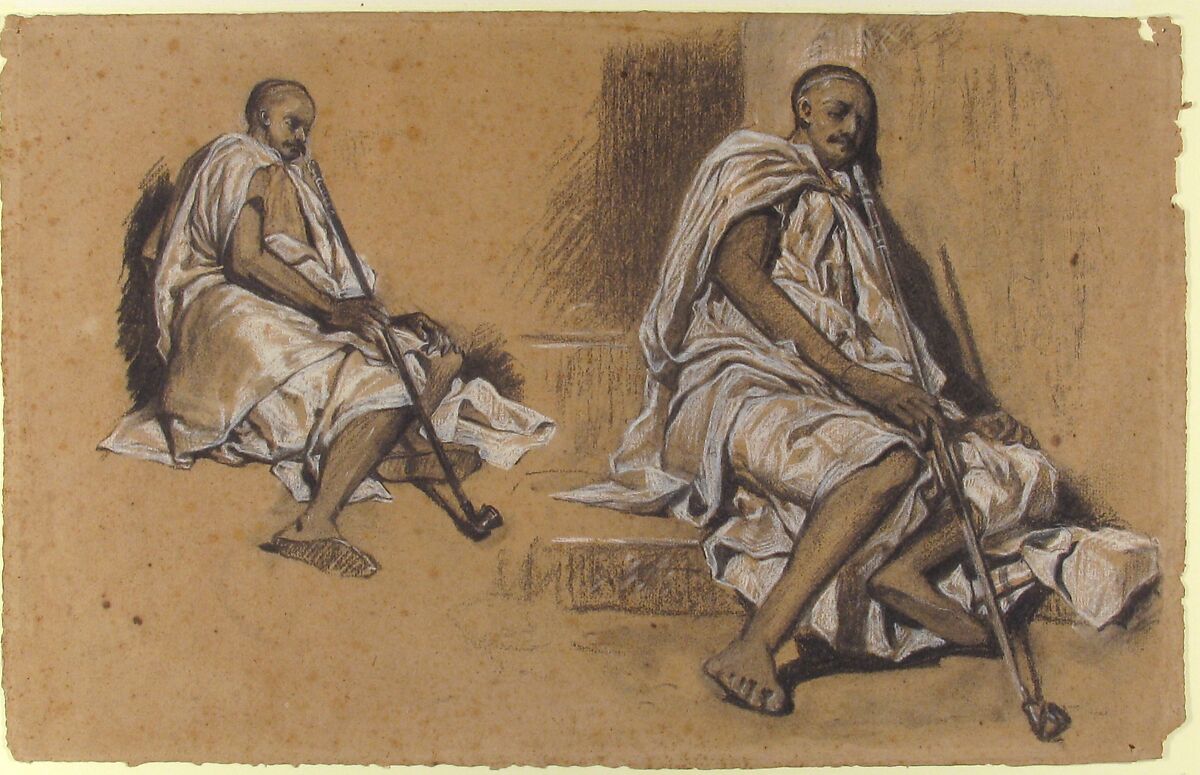Two Studies of a Seated Arab with a Pipe, Alexandre-Gabriel Decamps (French, Paris 1803–1860 Fontainebleau), Black and white chalk, charcoal, traces of graphite on light brown paper; some stumping