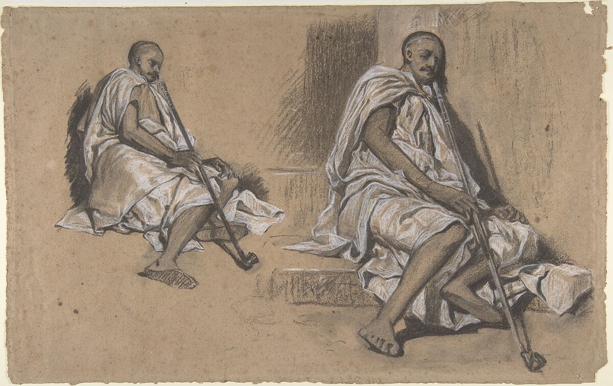Two Studies of a Seated Arab with a Pipe, Alexandre-Gabriel Decamps (French, Paris 1803–1860 Fontainebleau), Black and white chalk, charcoal, traces of graphite on light brown paper; some stumping 