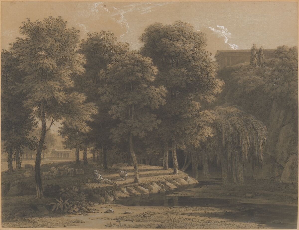 Classical Landscape with a Shepherd, Jean Victor Bertin (French, Paris 1767–1842 Paris), Black chalk, gray wash, heightened with white chalk and touches of gouache, on beige paper, lined 