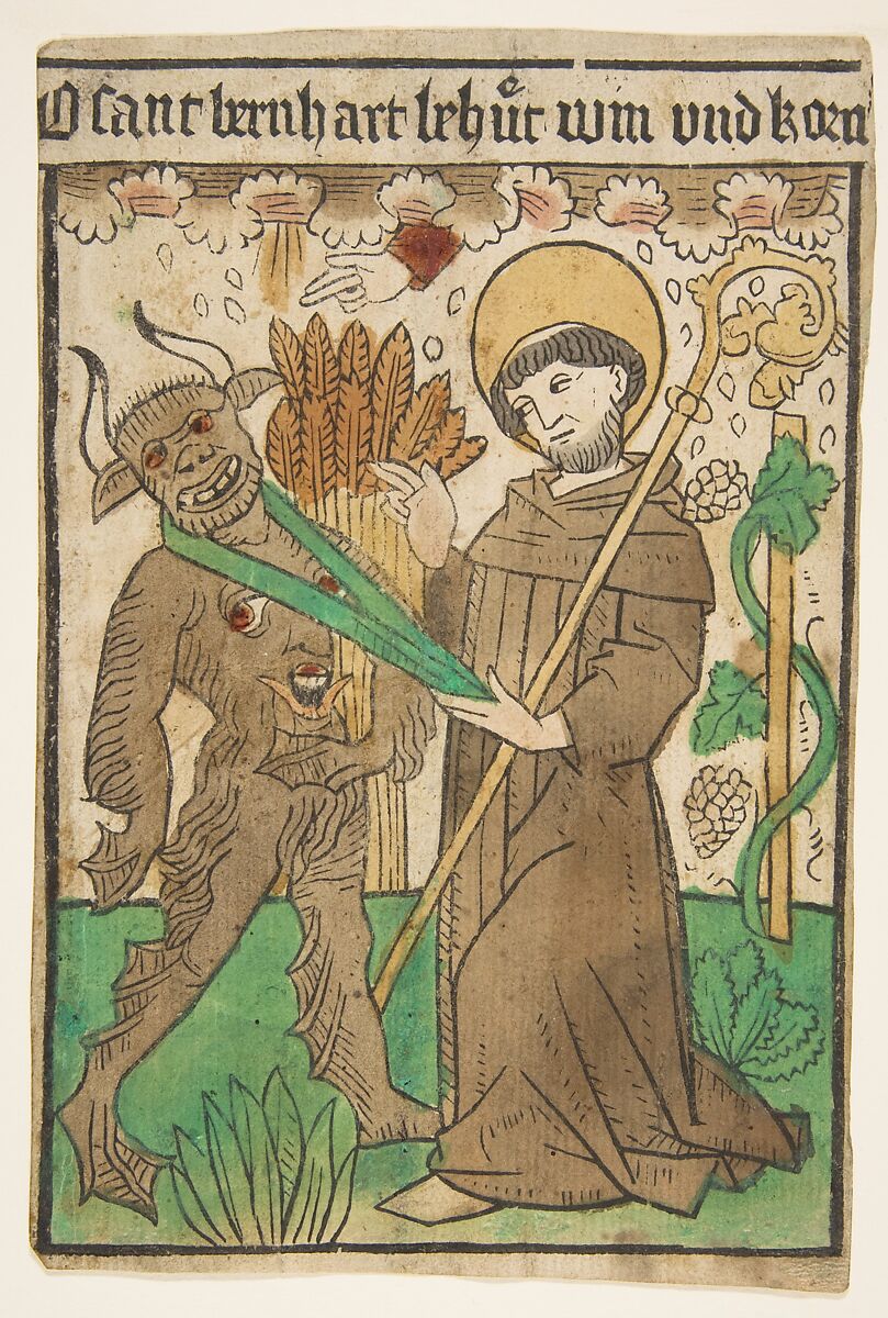 Saint Bernard Vanquishing the Devil, Anonymous, German, Upper Rhine, 15th century  German, Woodcut, hand-colored