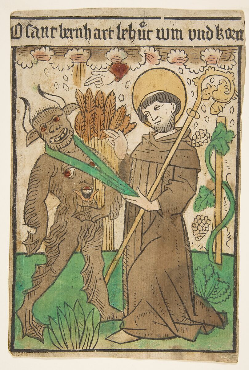 Saint Bernard Vanquishing the Devil, Anonymous, German, Upper Rhine, 15th century, Woodcut, hand-colored 