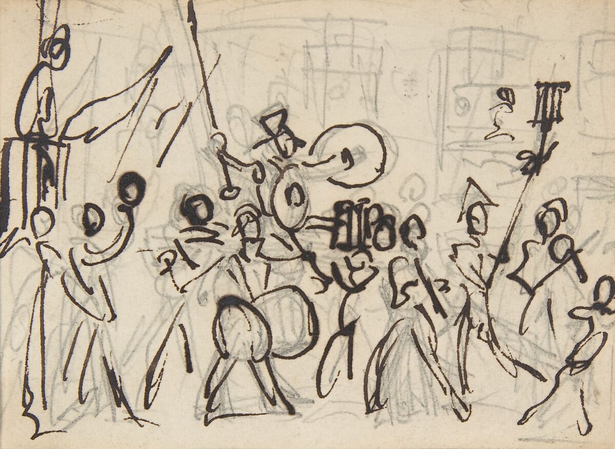 A parade, George Cruikshank (British, London 1792–1878 London), Pen and brown ink over graphite 