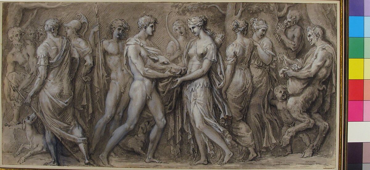 Meleager Presents to Atalanta the Head of the Calydonian Boar, Guillaume Boichot (French, Chalon-sur-Soâne 1735–1814 Paris), Pen, brown ink, gray-brown wash, heightened with white, over traces of black chalk
