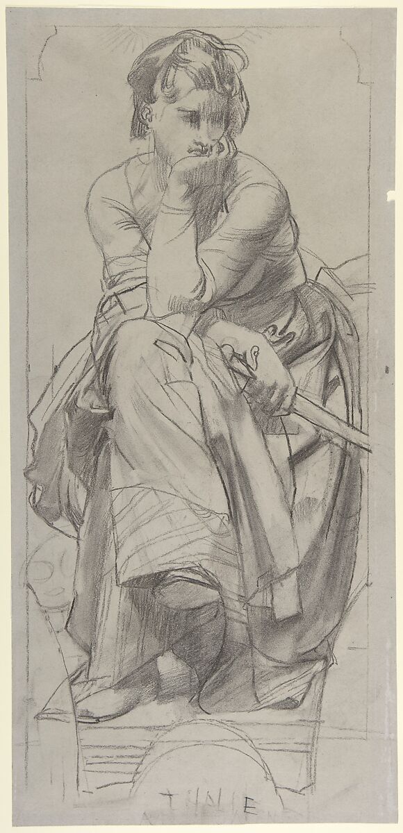 Study for the Muse Thalia, Paul Baudry (French, La Roche-sur-Yon 1828–1886 Paris), Black chalk, stumping, on gray paper 