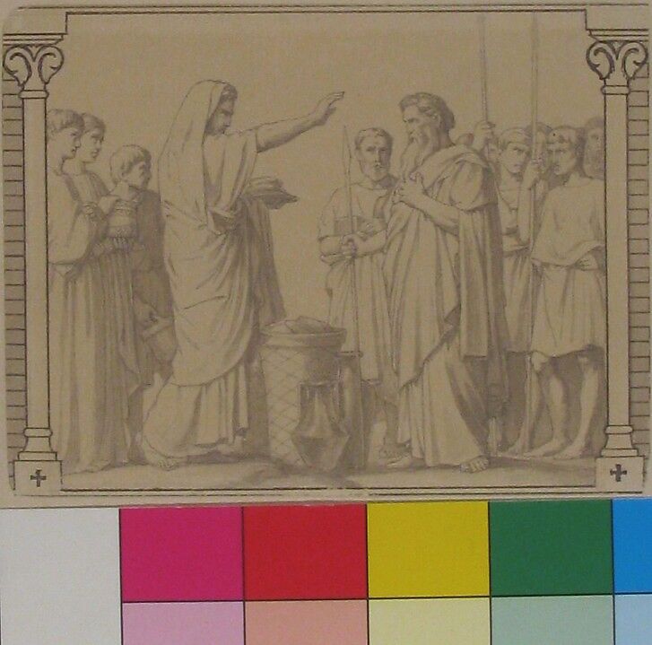 Melchizedek Presenting Abraham with Bread and Wine, Hippolyte Flandrin (French, Lyons 1809–1864 Rome), Graphite, brush and gray wash; framing lines in pen and black ink