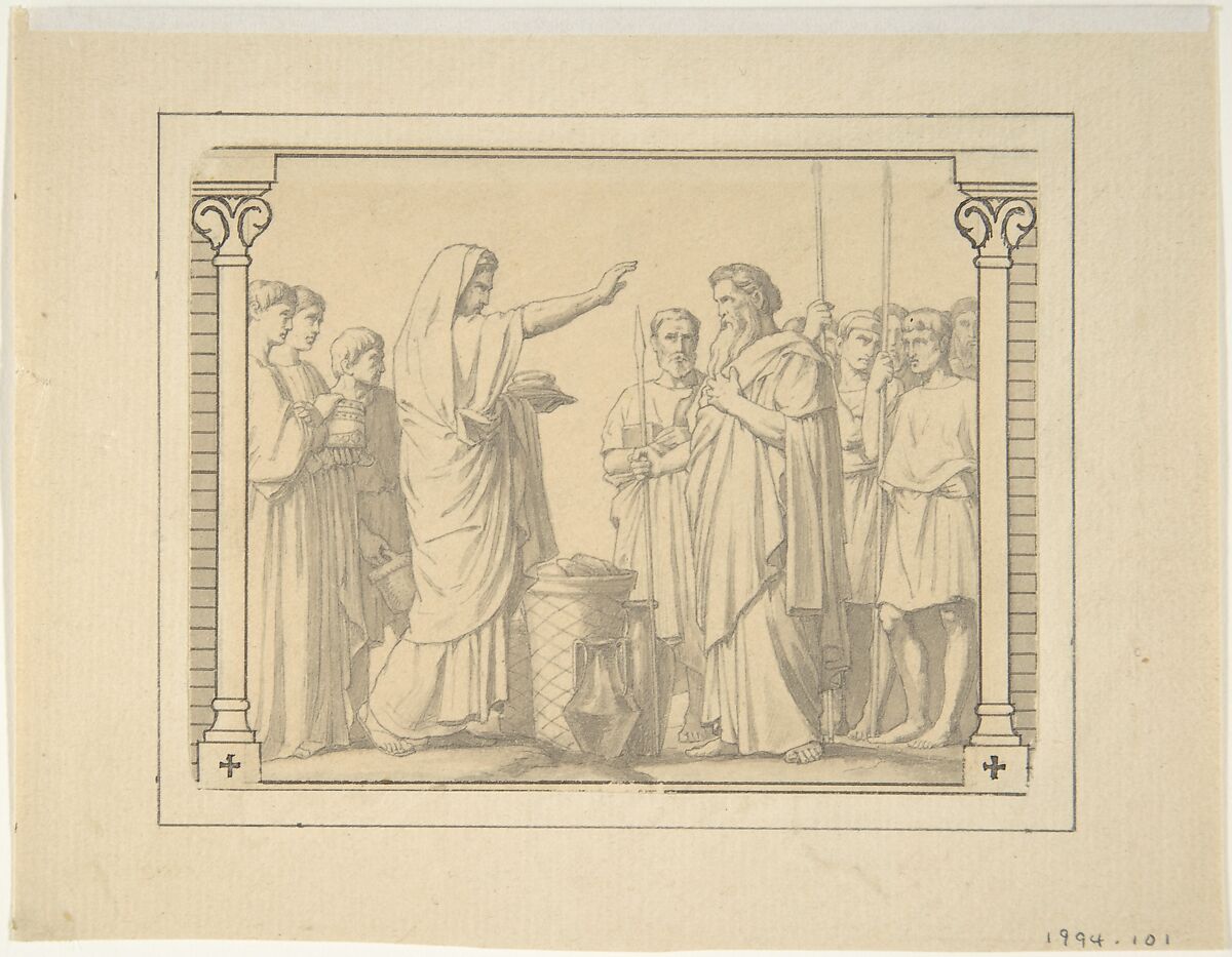 Melchizedek Presenting Abraham with Bread and Wine, Hippolyte Flandrin (French, Lyons 1809–1864 Rome), Graphite and gray wash; pen and black ink in framing design 