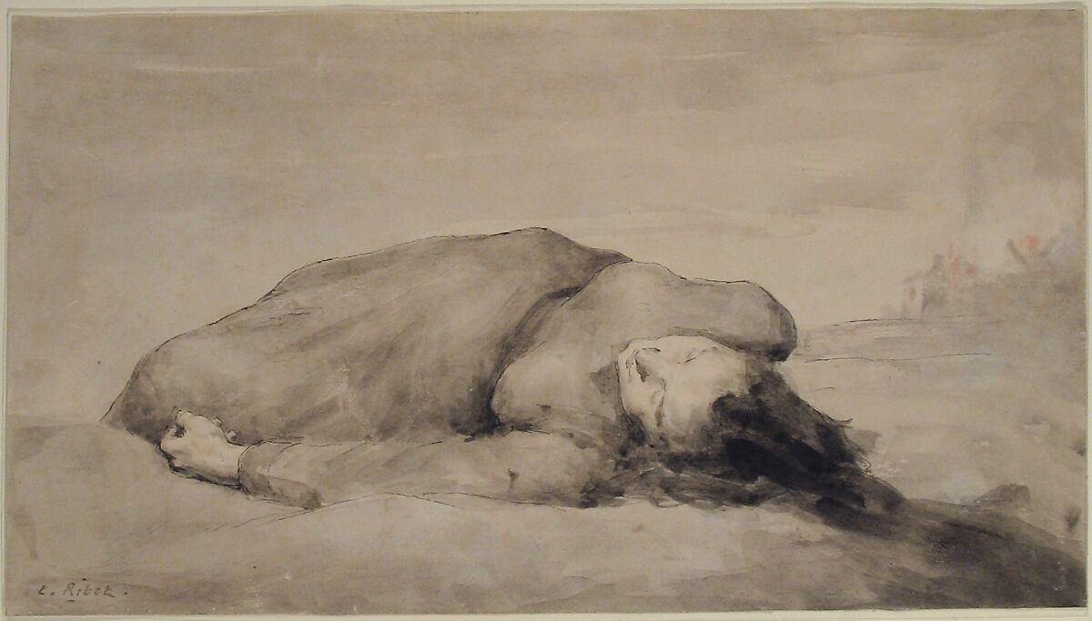 War Scene (A Female Casualty), Théodule-Augustin Ribot (French, Saint-Nicolas-d'Attez 1823–1891 Colombes), Pen and black ink, brush and gray wash, with touches of red ink