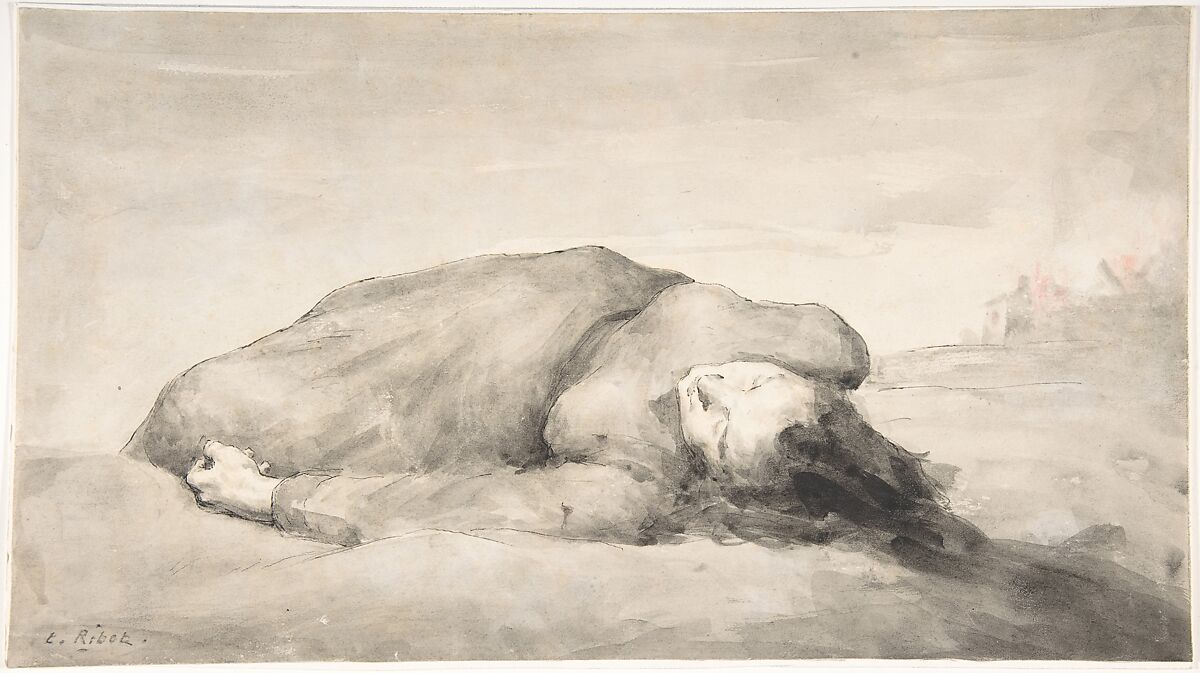 War Scene (A Female Casualty), Théodule-Augustin Ribot (French, Saint-Nicolas-d&#39;Attez 1823–1891 Colombes), Pen and black ink, brush and gray wash, with touches of red ink on heavy off-white wove paper 