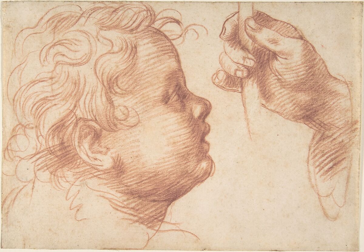 Studies of a Head and a Hand, Andrea del Sarto (Andrea d&#39;Agnolo) (Italian, Florence 1486–1530 Florence), Red chalk 
