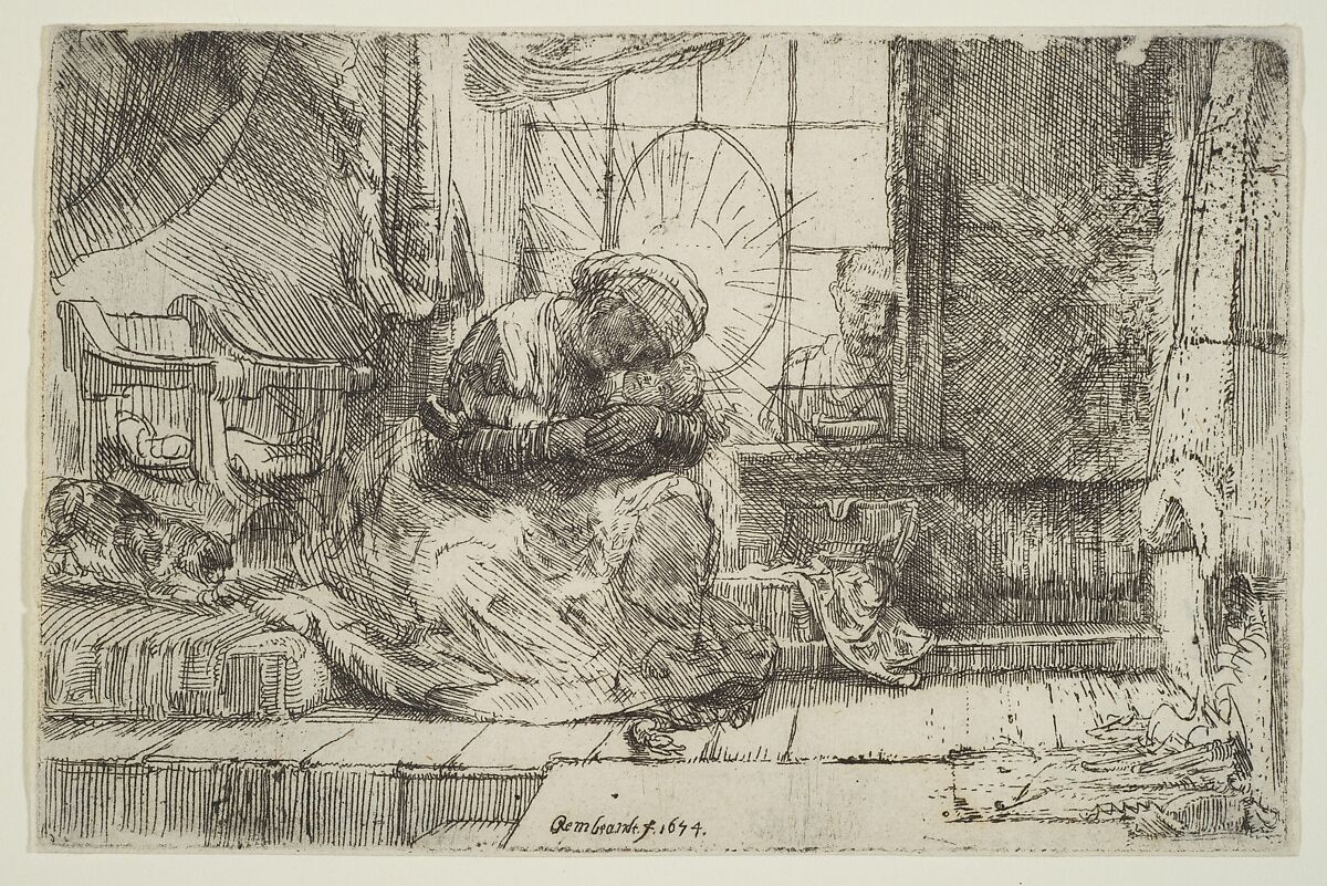 Virgin and Child with the Cat: and Joseph at the Window, Rembrandt (Rembrandt van Rijn)  Dutch, Etching; second of four states