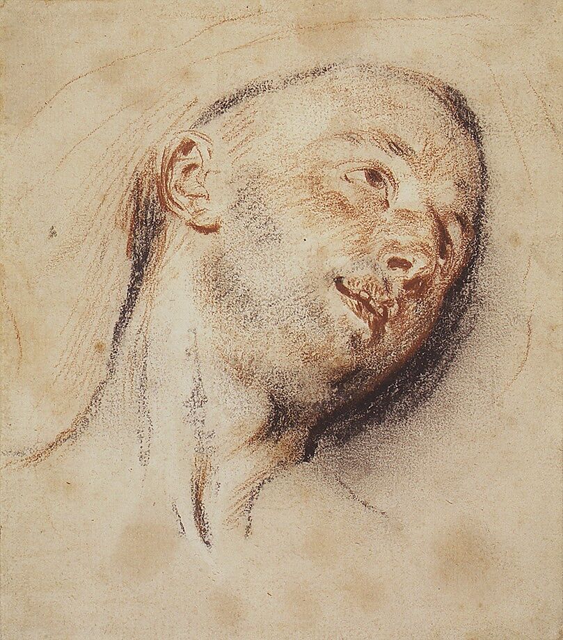 Head of a Man, Antoine Watteau (French, Valenciennes 1684–1721 Nogent-sur-Marne), Red and black chalk
