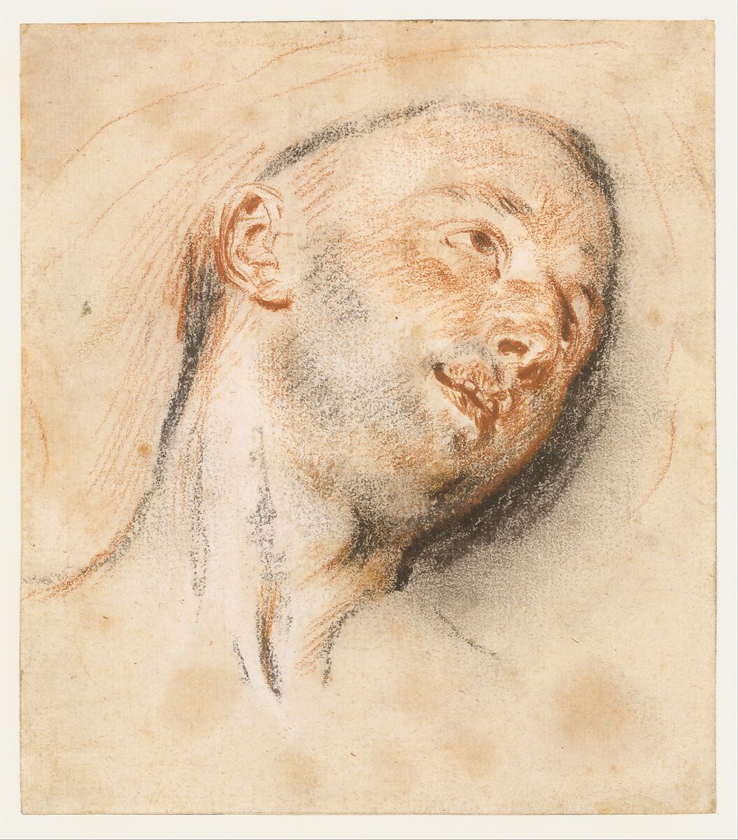 Head of a Man, Antoine Watteau (French, Valenciennes 1684–1721 Nogent-sur-Marne), Red and black chalk