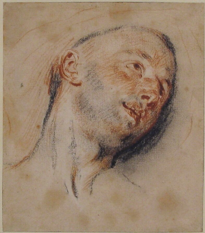 Head of a Man, Antoine Watteau (French, Valenciennes 1684–1721 Nogent-sur-Marne), Red and black chalk