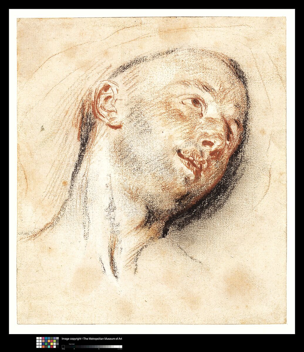 Head of a Man, Antoine Watteau (French, Valenciennes 1684–1721 Nogent-sur-Marne), Red and black chalk