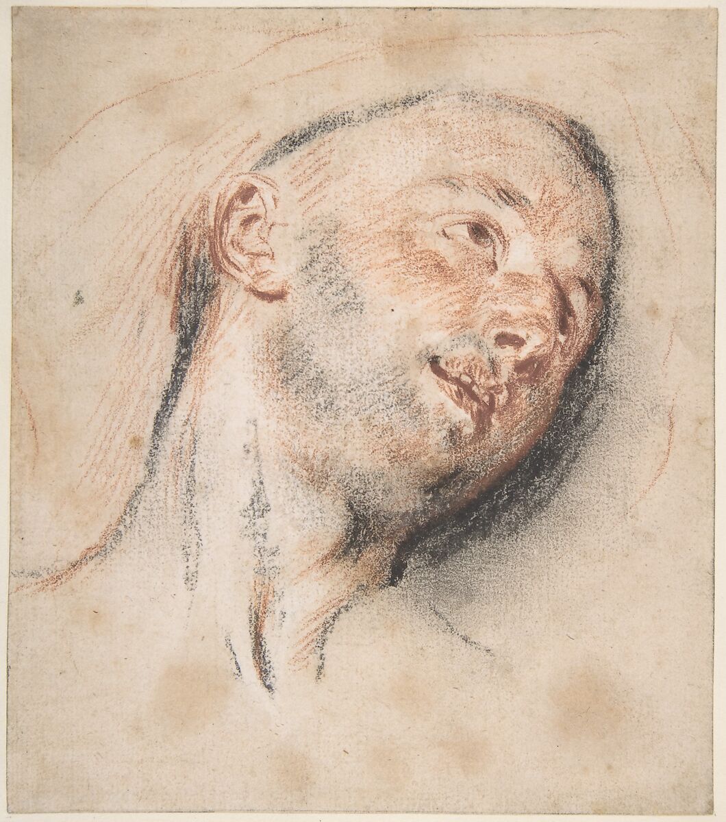 Head of a Man, Antoine Watteau (French, Valenciennes 1684–1721 Nogent-sur-Marne), Red and black chalk 