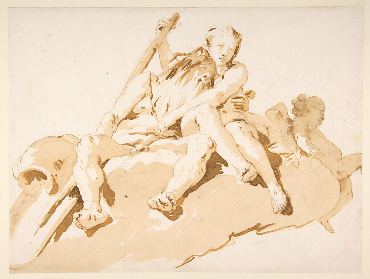 Seated River God, Nymph with an Oar, and Putto, Giovanni Battista Tiepolo  Italian, Pen and brown ink, brush with pale (yellow) and dark brown wash, over black chalk