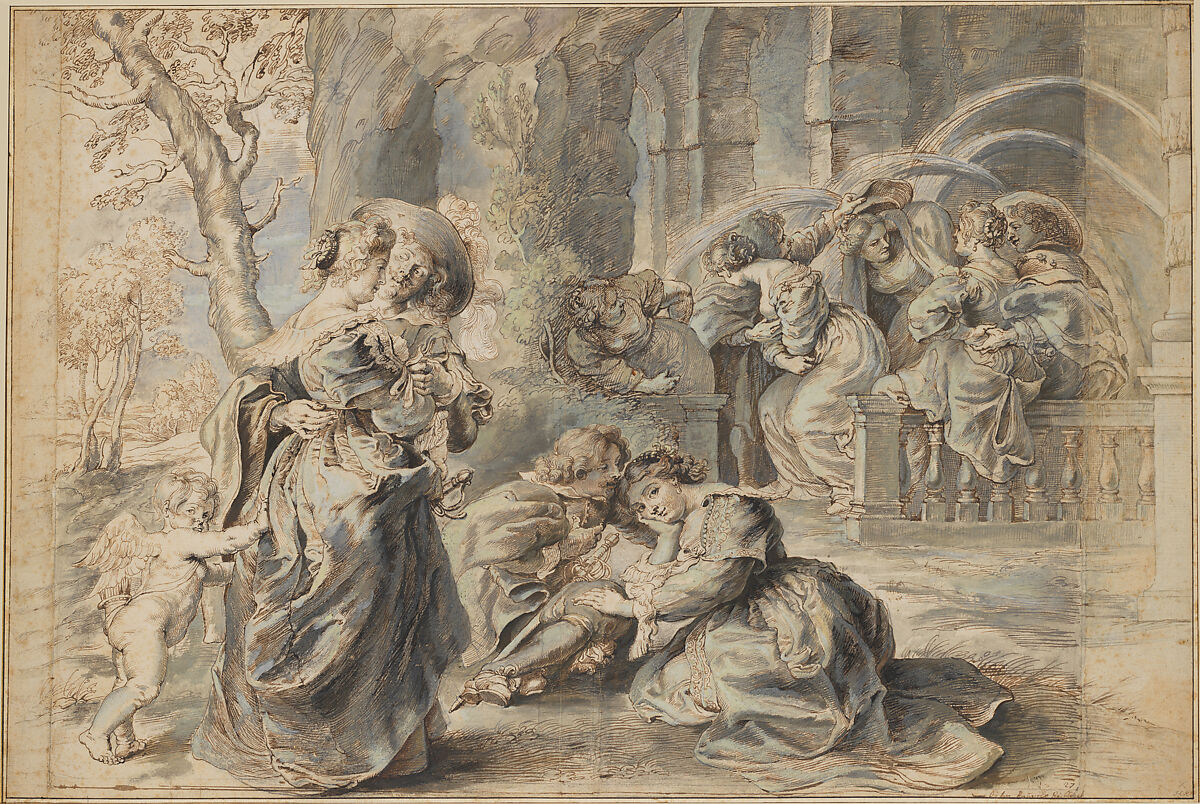 The Garden of Love (left portion), Peter Paul Rubens (Flemish, Siegen 1577–1640 Antwerp), Pen, brown ink, brush and gray-green wash over traces of black chalk, touched with indigo, green, yellowish, and white paint 