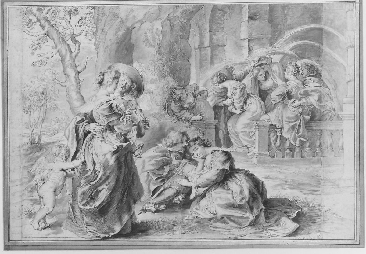 The Garden of Love (left portion), Peter Paul Rubens (Flemish, Siegen 1577–1640 Antwerp), Pen, brown ink, brush and gray-green wash over traces of black chalk, touched with indigo, green, yellowish, and white paint