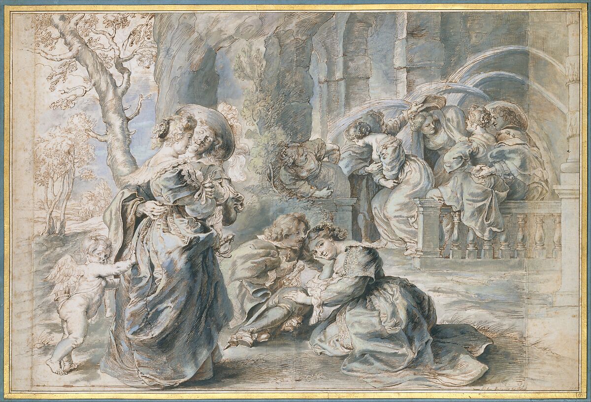 The Garden of Love (left portion), Peter Paul Rubens (Flemish, Siegen 1577–1640 Antwerp), Pen, brown ink, brush and gray-green wash over traces of black chalk, touched with indigo, green, yellowish, and white paint 