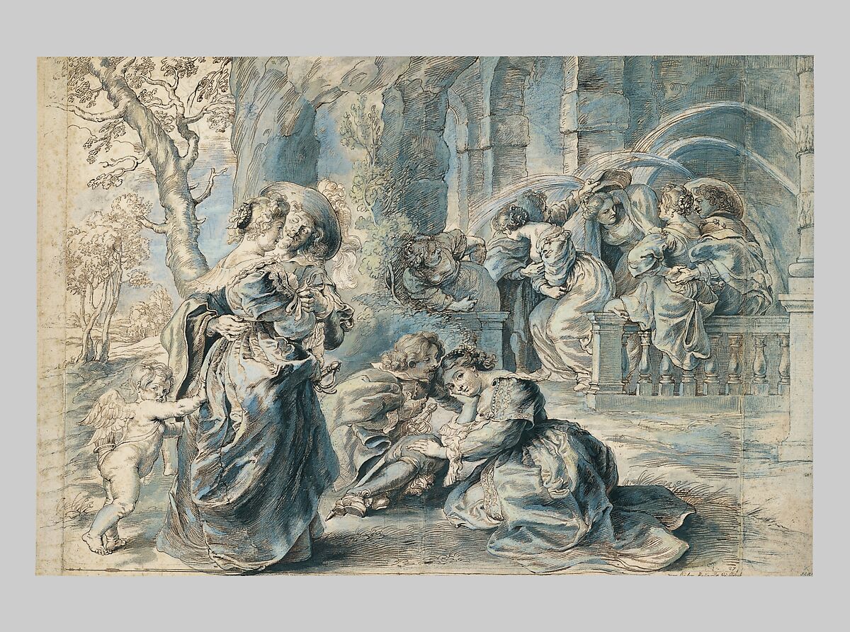 The Garden of Love (left portion), Peter Paul Rubens (Flemish, Siegen 1577–1640 Antwerp), Pen, brown ink, brush and gray-green wash over traces of black chalk, touched with indigo, green, yellowish, and white paint