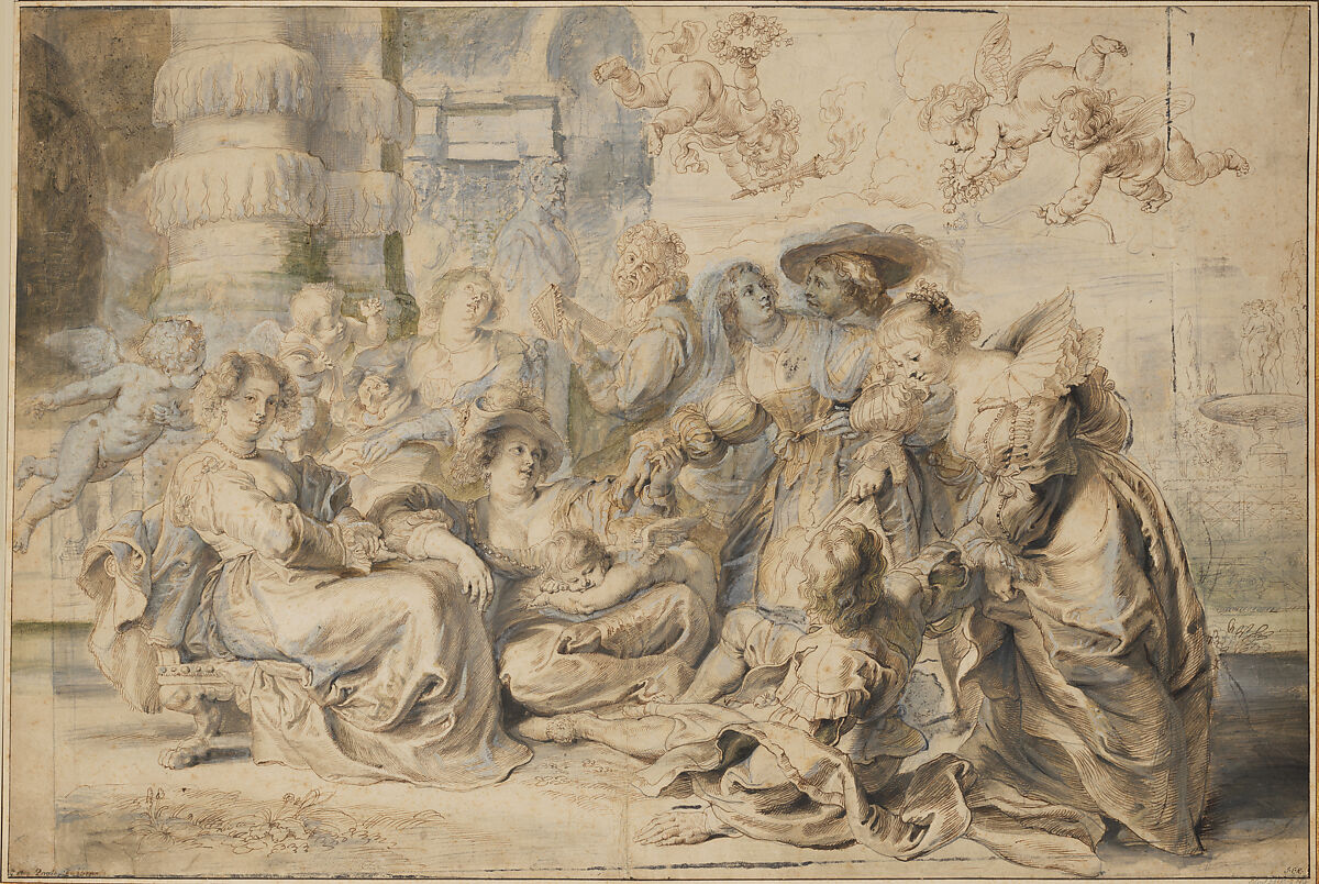 The Garden of Love (right portion), Peter Paul Rubens (Flemish, Siegen 1577–1640 Antwerp), Pen and brown ink, brown and green wash, heightened with light blue gouache, over black chalk 