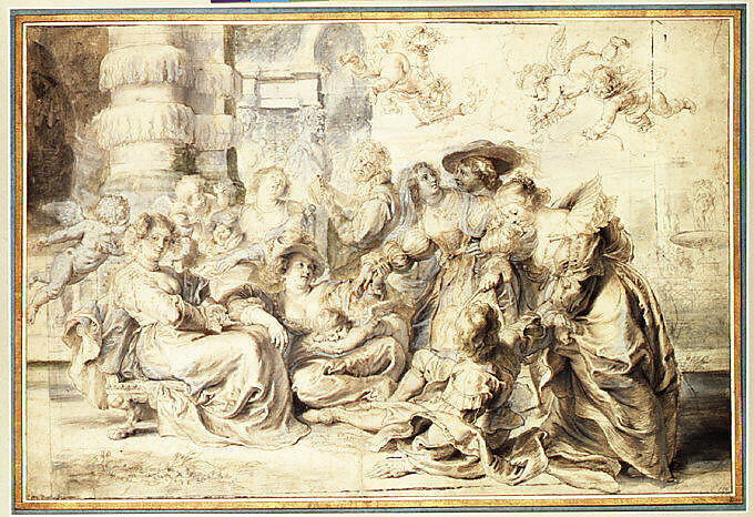 The Garden of Love (right portion), Peter Paul Rubens (Flemish, Siegen 1577–1640 Antwerp), Pen and brown ink, brush and brown and green wash, heightened with light blue gouache, over black chalk