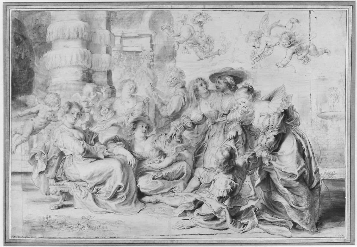 The Garden of Love (right portion), Peter Paul Rubens (Flemish, Siegen 1577–1640 Antwerp), Pen and brown ink, brush and brown and green wash, heightened with light blue gouache, over black chalk