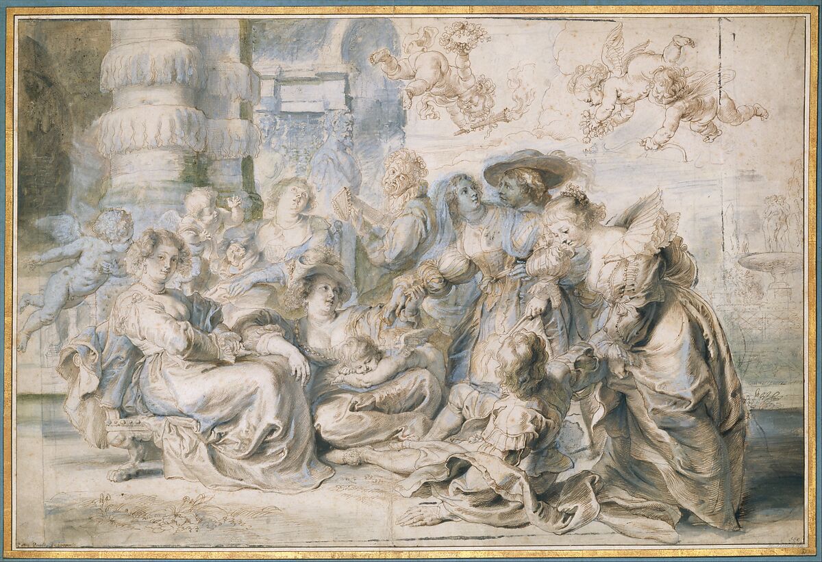 The Garden of Love (right portion), Peter Paul Rubens  Flemish, Pen and brown ink, brown and green wash, heightened with light blue gouache, over black chalk
